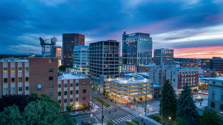 downtown boise when the sun is setting.