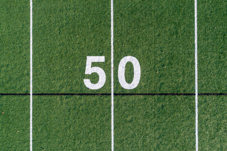 Aerial image of a typical grass football field 50 yard line in white.の写真素材