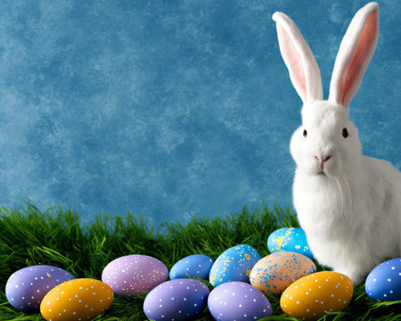 Small ,baby rabbit in easter basket with fluffy fur and easter eggs in the fresh,green spring...
