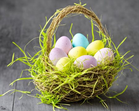traditional easter basket filled with eggsの写真素材