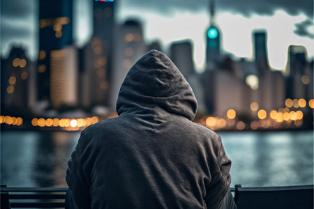 A man is sitting on a bench by a body of water, wearing a hoodieの素材