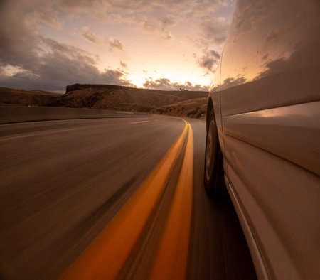A car is driving down a road with a sunset in the background