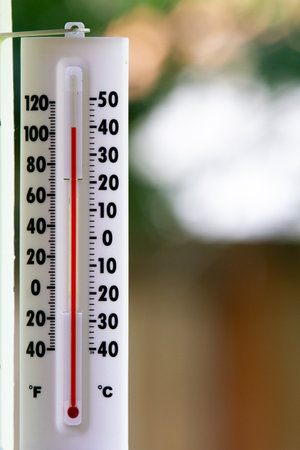 A thermometer with a red line showing the temperature at over 100 degreesの写真素材