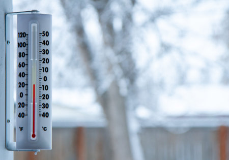A thermometer is showing a temperature of 50 degrees