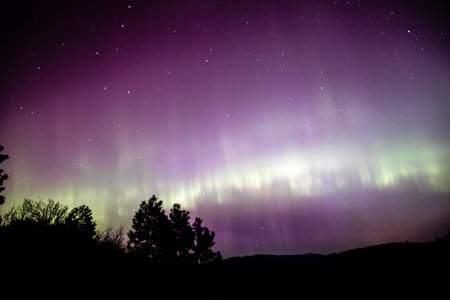 The sky is filled with stars and a purple auroraの写真素材