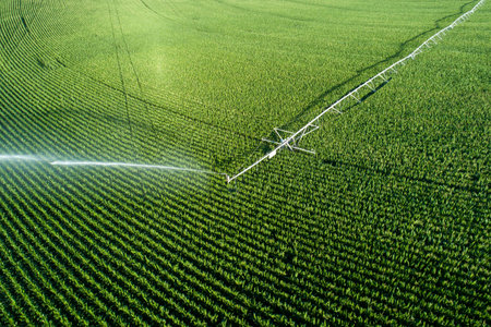 A field of green crops is being watered by a sprinkler systemの写真素材