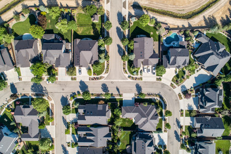 A neighborhood with houses and a streetの写真素材