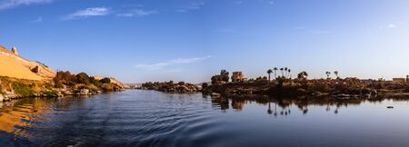 Panoramic Nile view from a boat in a shiny and clean morningの写真素材