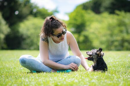 young woman playing affectionately with small dog of the yorkshire breed in garden with grass and trees.の写真素材