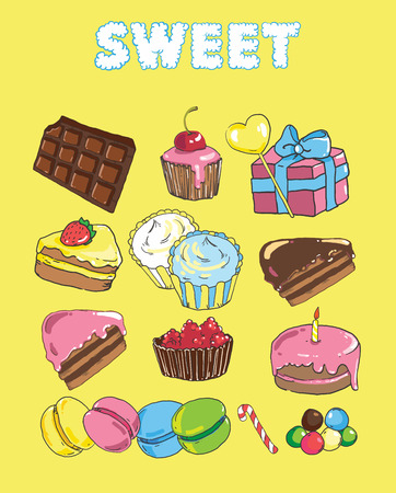 Set with bake and sweets. Background with colorful various candy, sweets and cakesのイラスト素材