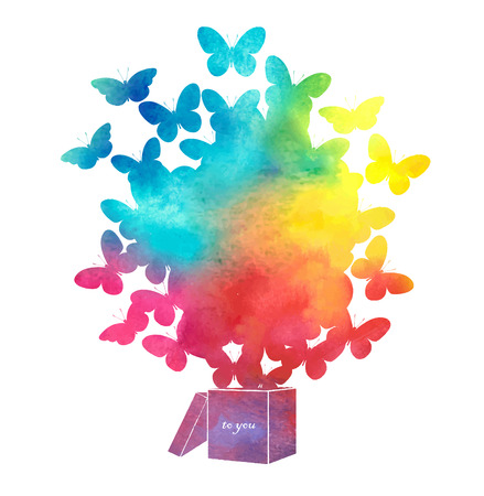 Open cardboard box with colorful butterflies flying.Gift-butterflyのイラスト素材
