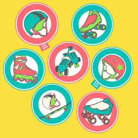 Set of icons on the theme of roller skating, skateboarding, roller derby. Helmet, skates, skateboards, quadsのイラスト素材