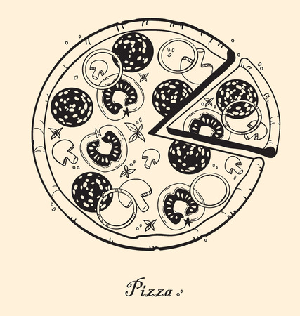 Hand-drawn pizza with ingredients: sausage, tomato, cheese, mushrooms, herbs, onionsのイラスト素材