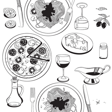 Hand drawn objects on italian food theme: pizza, pasta, tomato, olive oil, olives, cheese, lemon, sauce. Ethnic cuisine concept. Italian cuisine hand drawn objects. food illustration for kitchen and cafeのイラスト素材