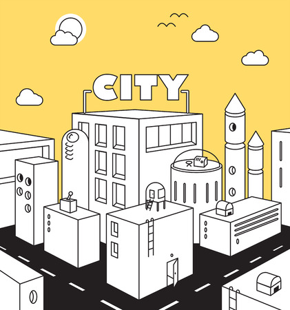 City street concept with buildings, roads, sky.Town, landscape, background.Game vector illustrationのイラスト素材