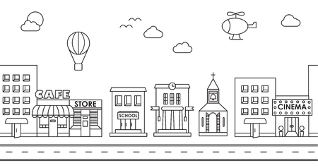 Seamless pattern of the buildings. Background for game. Cafe, cinema, store, church, apartment house,cottage,school, Hall, factoryのイラスト素材