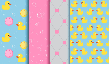 Set of seamless patterns on the subject of bathing , shower , bathtub. Yellow Duckling, lather, bubbles, spongeのイラスト素材