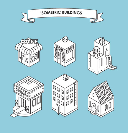 Set of Isometric Buildings. Black and white vector illustration with cafe, shop, factory, cinema, apartment house, cottage. Iconsのイラスト素材