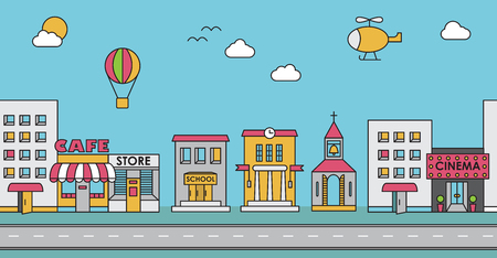 Seamless pattern of the buildings. Background for game. Cafe, cinema, store, church, apartment house,cottage,school, Hall, factoryのイラスト素材