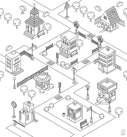 Seamless pattern with Isometric city. Black and white illustration with cinema,  cottage, church, school, shop, cafe, town hall, factory,apartment house. Iconsのイラスト素材