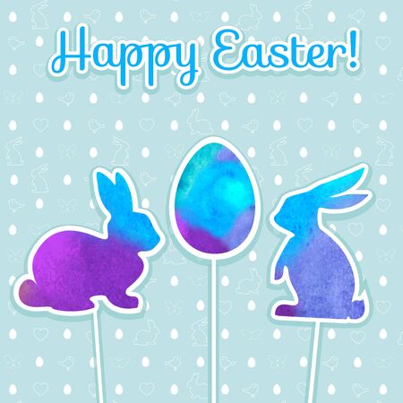 Easter watercolor background and seamless pattern with eggs, rabbits, birds, hearts,butterfly.Perfect for  invitations, posters and easter cardsのイラスト素材