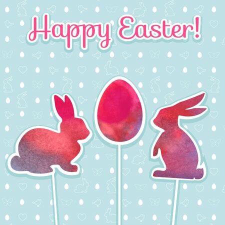 Easter watercolor background and seamless pattern with eggs, rabbits, birds, hearts,butterfly.Perfect for  invitations, posters and easter cardsのイラスト素材