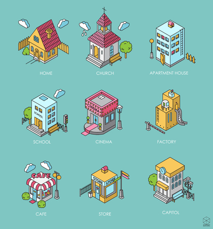 Set of Isometric Buildings. Black and white illustration with cinema,  cottage, church, school, shop, cafe, town hall, factory,apartment house. Iconsのイラスト素材