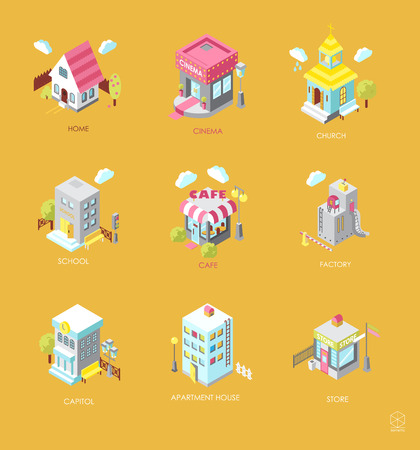 Set of Isometric Buildings. Black and white vector illustration with cinema,  cottage, church, school, shop, cafe, town hall, factory,apartment house. Iconsのイラスト素材