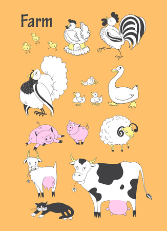 Farm animals big set. Chicken , rooster , turkey, duck, goose , pig, sheep , goat, cow, cat. Vector illustrationのイラスト素材