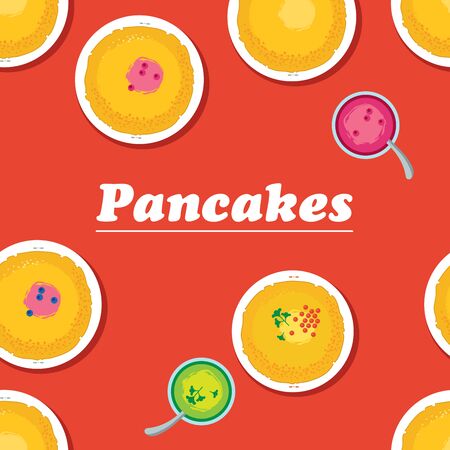 Pancakes. Russian cuisine. Template for menu with cooking utensils and food:  jam, pancakesのイラスト素材