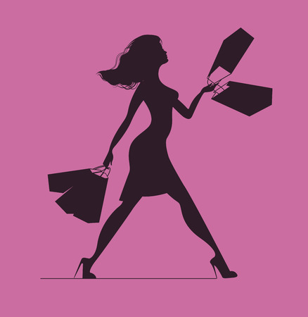 Silhouette of woman with shopping bags. Silhouette of woman on a pink backgroundのイラスト素材