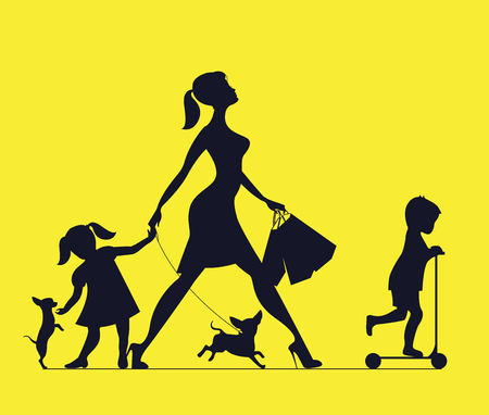 Woman with two children and dogs. Super mother doing shopping and walks with children. Vector silhouetteのイラスト素材
