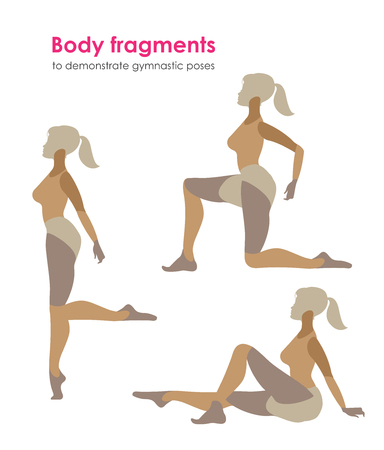 Fragments of body for demonstrating gymnastic poses.Vector silhouette of a woman who practicesのイラスト素材