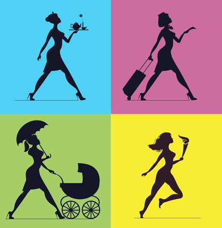 Hostess, waitress, babysitting, athlete. Silhouettes of womenのイラスト素材