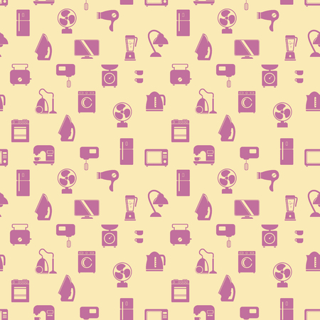 Seamless pattern of household appliances. Washing machine, stove, fridge, lamp, kettle, hairdryer, mixer, coffee machine, weigher, fan, monitor, microwave, vacuum cleaner and toasterのイラスト素材