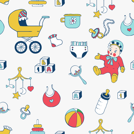 Baby clothes and toys hand drawn seamless patternのイラスト素材