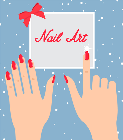 Woman hand with red fingernails. Gift certificate for a nail salonのイラスト素材