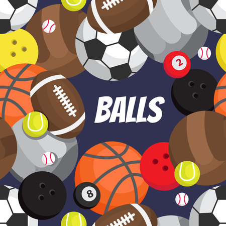 Seamless pattern of balls. Football, volleyball, basketball, golf, tennis, bowling, rugby, snookerのイラスト素材