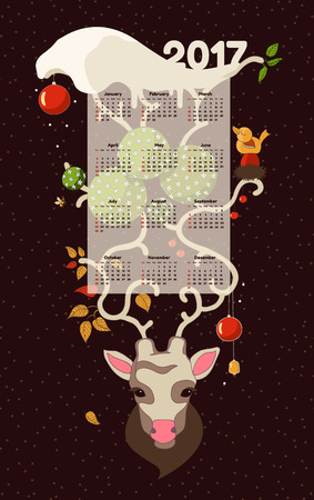 Christmas deer.Calendar 2017. Hand Drawn Vector Illustration. Deer antlers snow and hanging Christmas decorations.All the seasons are on the horns of a deerのイラスト素材