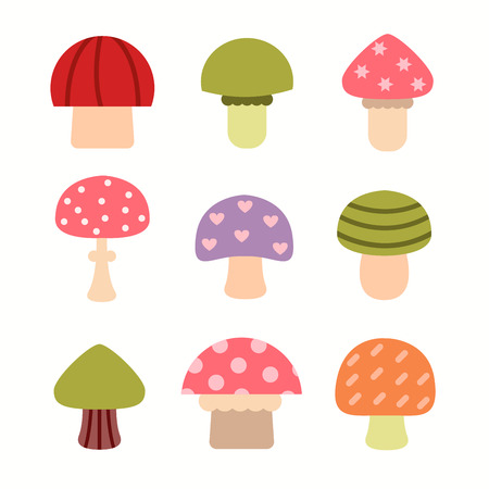 Bright different types of mushrooms set. Card in cartoon style oのイラスト素材
