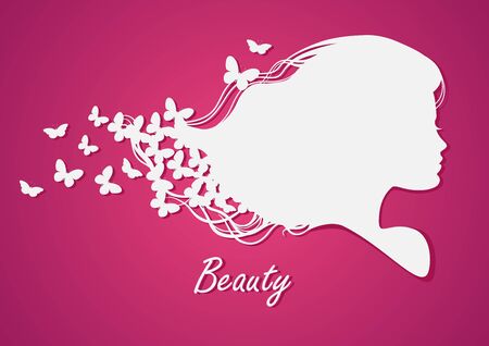 Silhouette head with hair and butterfly.Vector illustration of wの写真素材