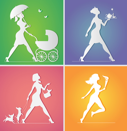 Woman walking with a baby carriage. Waitress. Lady with dog. Athlete with flame. Paper art and craft styleのイラスト素材