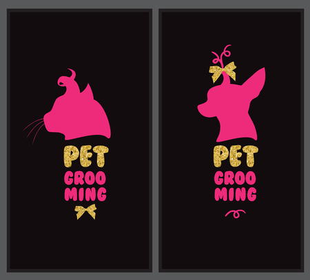 Logo for pet hair salon with animal silhouette, gold bows and gold lettersのイラスト素材