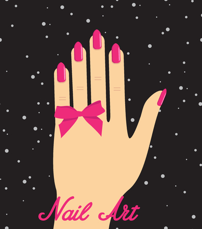 Woman hand with pink fingernails and pink bow on black backgrounのイラスト素材