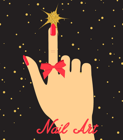 Woman hand with red fingernails and red bow on black backgroundのイラスト素材