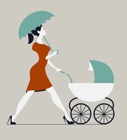 Young woman walking with stroller under rain. Woman walking withのイラスト素材