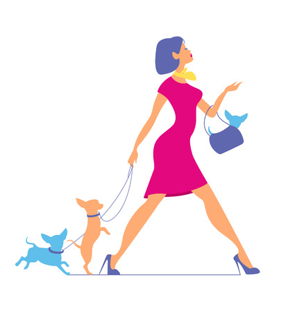 Young fashionable woman in  pink dress is walking with dogsのイラスト素材