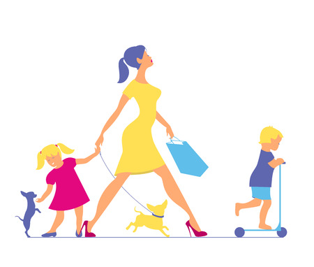 Woman with two children and dogs. Super mother doing shopping anのイラスト素材