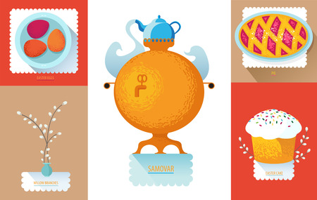 Set Russian national Easter food with samovar, eggs, easter cakeのイラスト素材