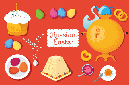 Set Russian Easter food. Food illustration with Easter cake, eggのイラスト素材
